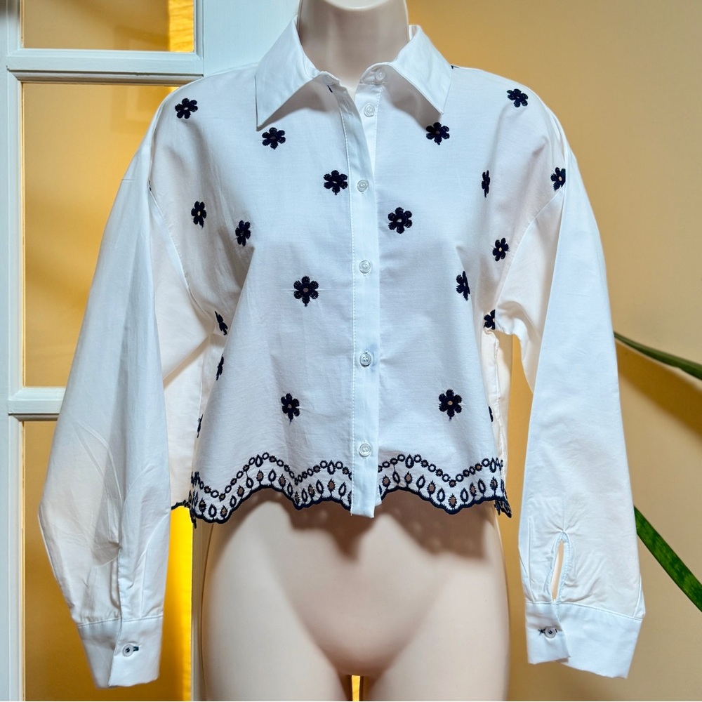 Zara White Button Down with Navy Floral Embroidery